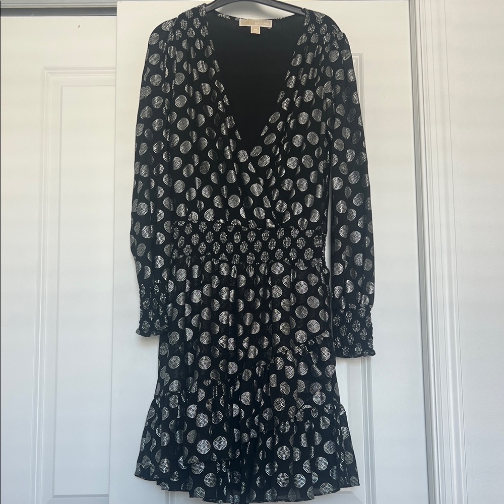Michael Kors Black and Silver Patterned Long Sleeve Dress